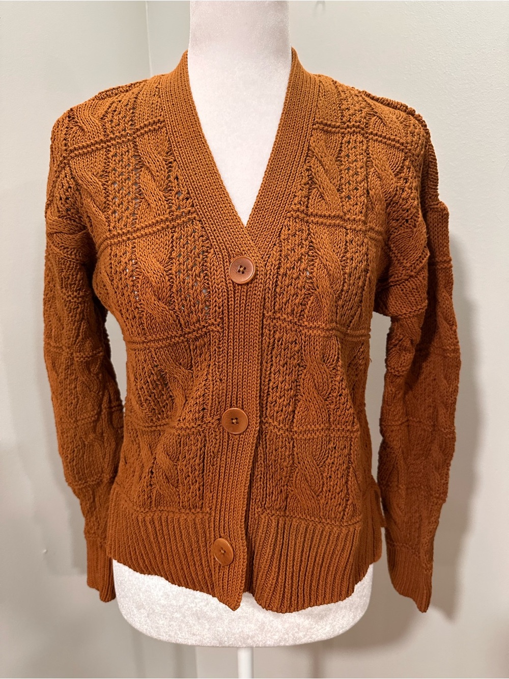 Madewell Rust Burnt Orange Cable Knit Button-Front Cardigan